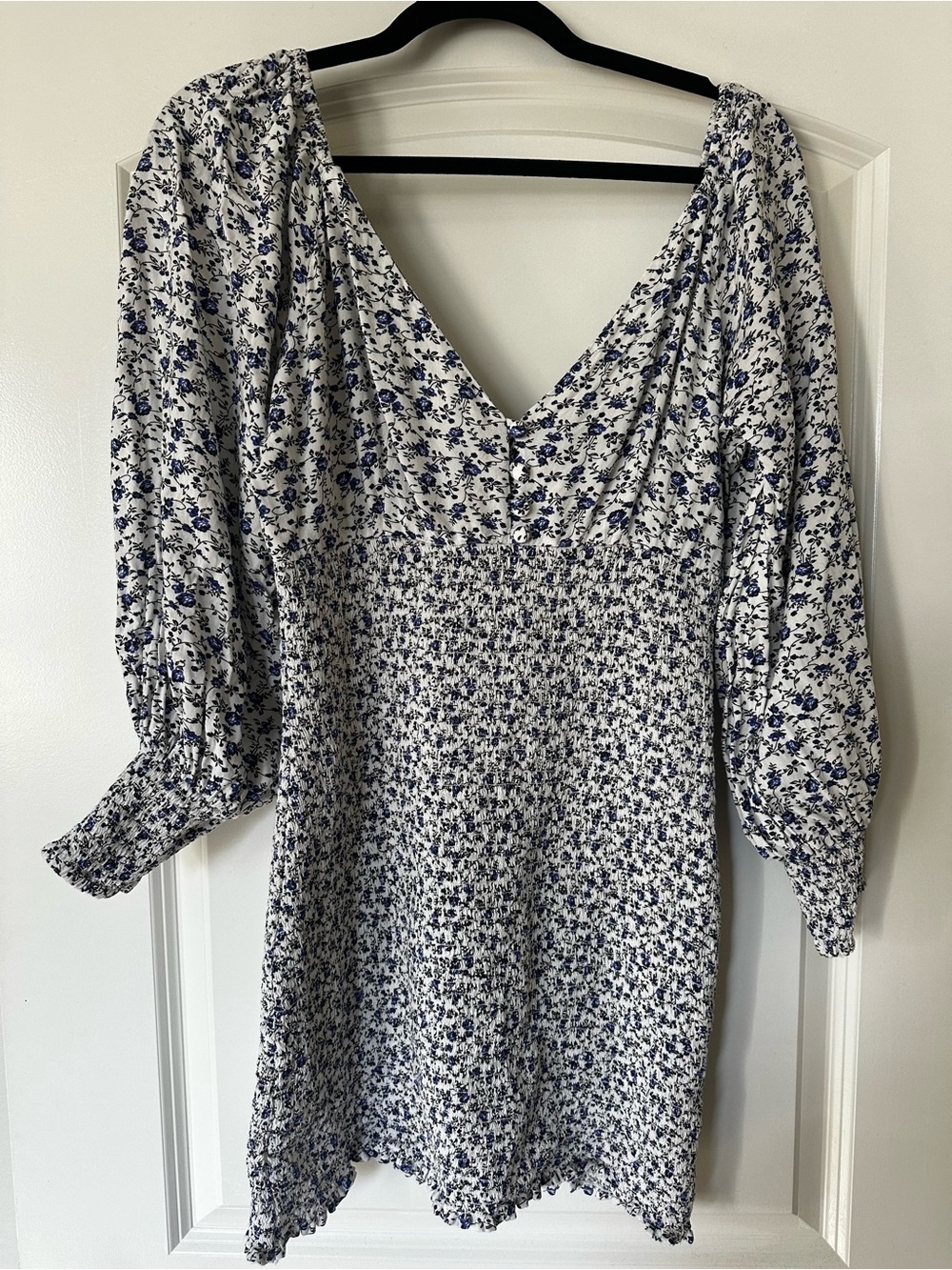 ASOS Blue Floral Smocked Waist V-Neck Dress
